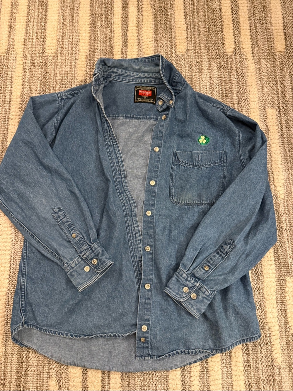 Wrangler Denim Shirt Jacket in Medium Blue with Green Clover Patch